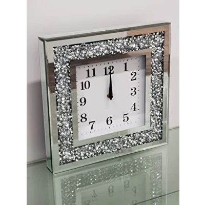 Image of Biznest 35X35Cm New English Number Wall Clock Square Crushed Diamante Diamond Crystal Mirror