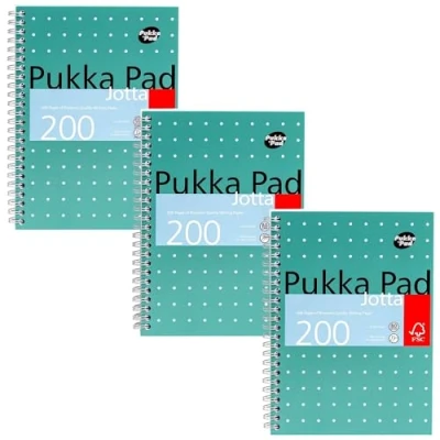 Image of Pukka Pad, A5 Metallic Jotta Book 3 Pack for Home, School, and Office 15 x 21cm Wirebound Notebook with 8mm Lines 80GSM Paper Features Perforated Edges 200 Pages, Green