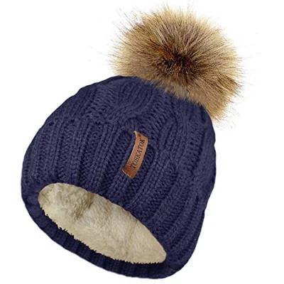 Image of TOSKATOK Ladies Chunky Soft Cable Knit Hat with Cosy Fleece Liner and Detachable Faux Fur Pompom Morello