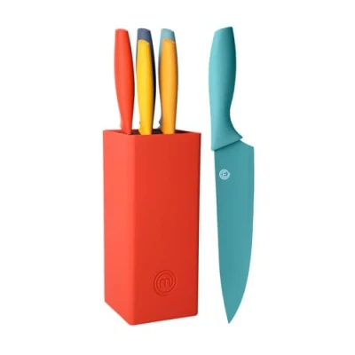 Image of MasterChef Knife Set with Block, 5 Kitchen Knives Sharp Stainless Steel Blades (Chef, Paring, Utility, Carving, Bread) Soft Touch Easy Grip Handles &amp; Universal Holder, Colour Collection
