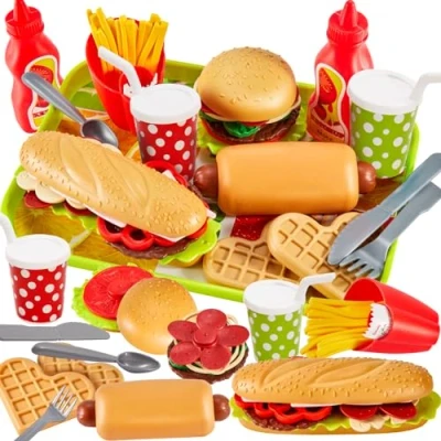 Image of BUYGER Pretend Play Food Sets for Children Kitchen, Plastic Take Apart Toys Hamburger Fast Playset Kids Kitchen Accessories Role 3 4 5 Years Old Boys Girls
