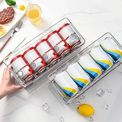 Image of Caffney Refrigerator Can Drink Holder Storage Rolling Dispenser Pop Soda Organizer Bins Stackable 2 Tier Freezer Beverage Bin Clear Plastic Canned Food Pantry Rack for Fr
