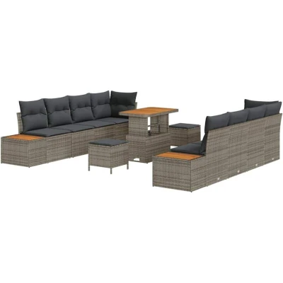 Image of vidaXL 11 Piece Garden Sofa Set with Cushions Grey Poly Rattan Acacia