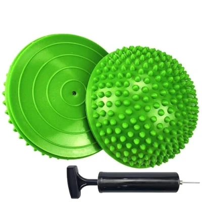 Image of KMOCEPLY 2 Pcs Hedgehog Balance Pods with Pump Pillow Fitness Ball Half Spiky Domes Pimples Pilates for Massage Stability Training Muscle Yoga (Green)