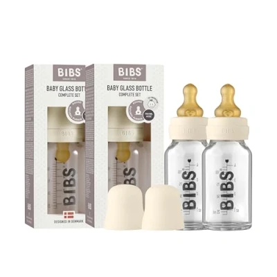 Image of BIBS Baby Glass Bottle 2 Pack 110ml. Anti Colic. Vented Round Natural Rubber Latex Nipple. Supports Breastfeeding, Complete Set 110 ml (Pack of 2), Ivory