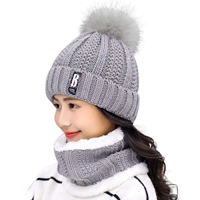 Image of HIDARLING Women Winter Hat Pom Ski Bobble Cap Knitted Beanie with Fleece Liner (Light Grey)