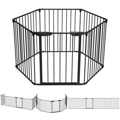 Image of VOUNOT 6 Panel Safety Barrier Fireplace Protection Foldable Metal Fire Guard Hearth Gate with Lockable Door, Playpen Multi Function Room Divider Pre Assembled 3.75M Black