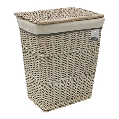 Image of JVL Arianna Rectangular Tapered Willow Linen Laundry Basket, Grey Wash