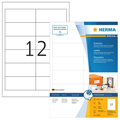 Image of HERMA Self Adhesive Inkjet Address Labels, 12 Labels per A4 Sheet, 80 Sheets, 97 x 42.3 mm, 960 Blank Mailing Stickers, Sticky for Printer, White