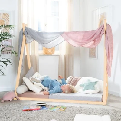Image of roba Sustainable Montessori House Bed 70 x 140 cm Children&#039;s Made of FSC Certified Solid Wood from 12 Months Upwards Natural Bamboo