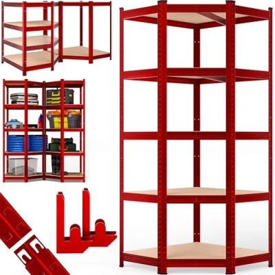 Image of Monzana® Corner Shelving Unit Heavy Duty Steel Construction Adjustable Shelves Rubber Protectors Space Saving Design Easy Assembly Garage, Workshop, Basement Organiser Red