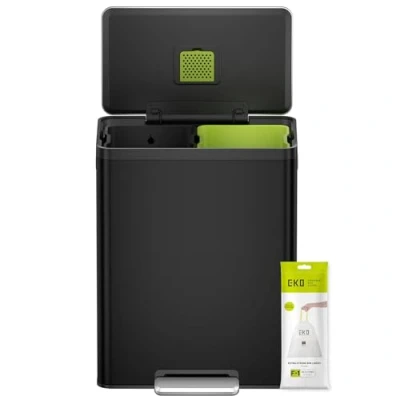 Image of EKO Ecocasa II Waste &amp; Recycling Double Bin Fingerprint Resistant Dual Kitchen Large 60L Pedal with Built In Deodoriser Matt Black Brushed Stainless Steel, 30L +