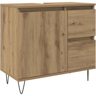 Image of vidalXL Bathroom Sink Cabinet Artisan Oak Engineered Wood Space Saving Storage Cupboard Modern Industrial Design Compact 65x33x60cm Moisture Resistant Iron Feet