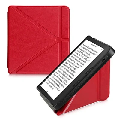 Image of kwmobile Origami Case Compatible with Kobo Libra 2 Slim PU Leather Cover Stand Red