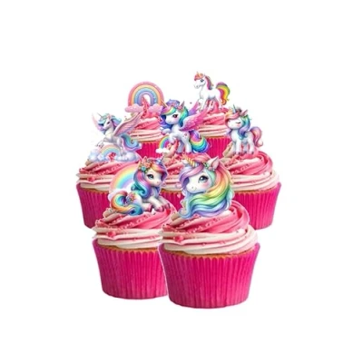 Image of 29 Stand Up Cute Unicorn and Rainbow Themed Edible Wafer Paper Cake Toppers Decorations
