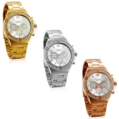 Image of JewelryWe 3PCS Men Women Bling Watches Silver Tone Stainless Steel Bracelet Quartz Wrist Watch