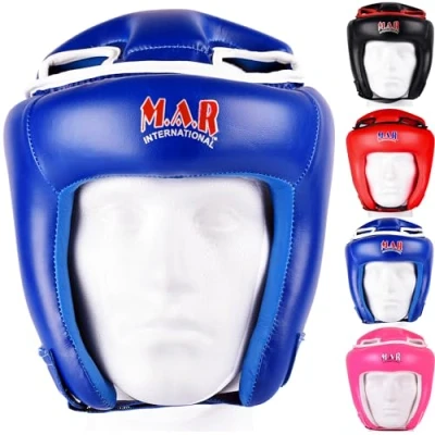 Image of MAR Blue Headguard for Kickboxing, Thai Boxing &amp; MMA Training, Rex Leather Material Head Guard Face and Ear Protection, Headgear Sparring Grappling, Muay Taekwondo, Protective Helmet