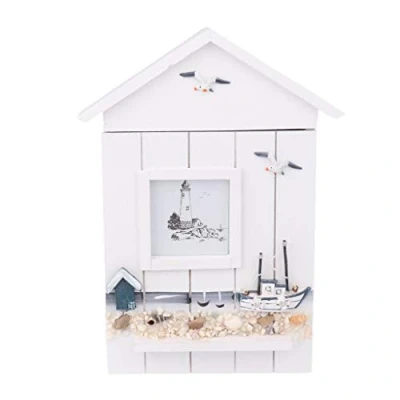 Image of Tubayia Mediterranean Style House Shape Key Cabinet Wall Mount Wooden Box with 6 Hooks