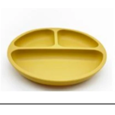 Image of Microwave Dishwasher Friendly Bowl Spoon Fork Food Feeding Set lid Divided Silicone Suction Baby Plate for Toddler Children Kids (Yellow)