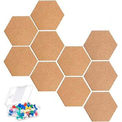 Image of KAHEIGN 10Pcs Hexagon Cork Board, Self Adhesive DIY Notice Board Multifunctional Application Message for DIY, Pictures Hanging, Office Home Decoration with 40Pcs Colorful Pins
