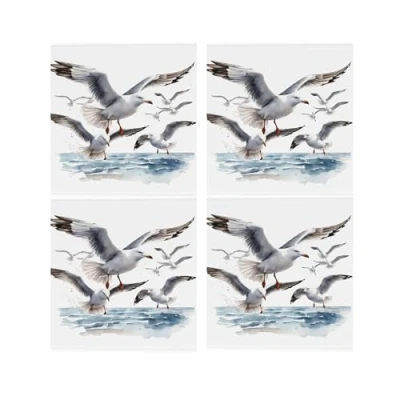 Image of Seagulls Ceramic Coaster Set Coastal Bird Seaside Square of Four (4) Coasters Gift