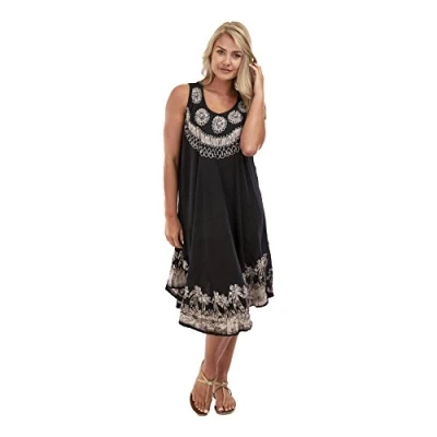 Image of Magritta Women Plus Size Sleeveless Tie dye Beach Summer Knee Length Sundress (One (12 24) UK, Black Beige)