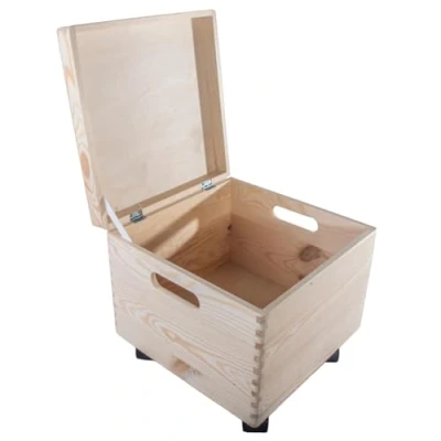 Image of WooDeeDoo Square Deep Wooden Storage Box with Hinged Lid, Cut out Handles &amp; Wheels 30 x 24 cm Memorabilia Keepsake Trinket Toy Chest Plain Pine For Craft
