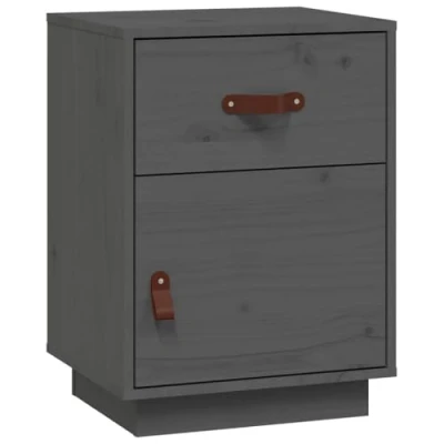 Image of vidaXL Elegant Bedside Cabinet in Grey, Solid Wood Pine, 40x34x55 cm, Table with 1 Drawer and Compartment, Rustic Design, Flexible Door Installation, Ample Storage Space.