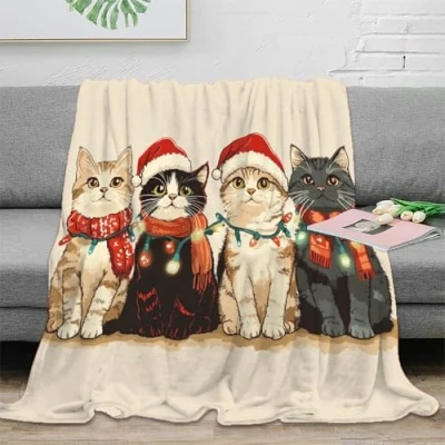 Image of RNDKAUUIE Christmas Cat 3D Print Pattern Blanket Oversized Warm Adult Super Soft With Anti Pilling Flannel For Adults &amp; Kids 50x60inch(127x152cm)