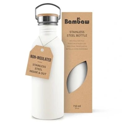 Image of Bambaw Stainless Steel Water Bottle 750ml, Purple Bottle, Non Insulated Metal Bottles, BPA Free Leak Proof Reusable Polar White