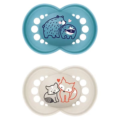 Image of MAM Original Soother 6+ Months (Pack of 2), Baby Made from Sustainable Material, SkinSoft Silicone Teat, with Case, Blue (Designs May Vary)