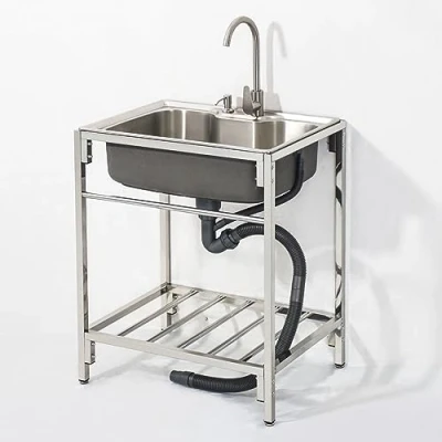 Image of Freestanding Stainless Steel Sink, Outdoor Wash Basin with Hot and Cold Faucet Commercial Single Bowl Sink for Garage Workshop Laundry Room Camping 52 x 72 85cm