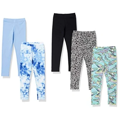 Image of Amazon Essentials Girls&#039; Leggings, Pack of 5, Aqua Blue/Black/Blue/Hearts/Tie Dye, 2 Years