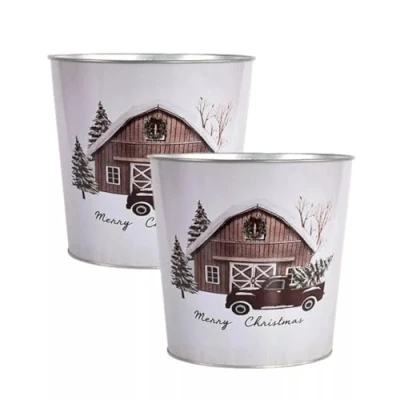 Image of Fyne Finds Set of 2 Merry Christmas Metal Tin Pail Car Scene 20cm, 8inch Plant Pot Festive Xmas Gift Planter