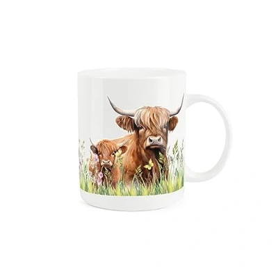 Image of Purely Home Personalised Highland Cow &amp; Calf Mug Custom Floral Meadow Farmyard Animals Gift/Present Tea/Coffee Hot Drinks Bone China