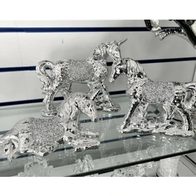 Image of Biznest XL SET OF 3 SILVER UNICORN SPARKLE BLING ORNAMENT CRUSHED DIAMOND,HOME DECOR SHELF SITTER