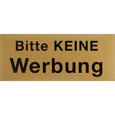 Image of Metafranc 507510 Adhesive Sign with German Text &quot;Bitte keine Werbung&quot; [German Language] 60 x 25 mm Aluminium Classic Brass Look Self Backing/Signage/Information Sign/Letterbox