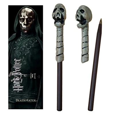 Image of The Noble Collection Harry Potter Death Eater (Skull) Wand Pen and Bookmark 9in (23cm) Stationery Pack Officially Licensed Film Set Movie Props Gifts