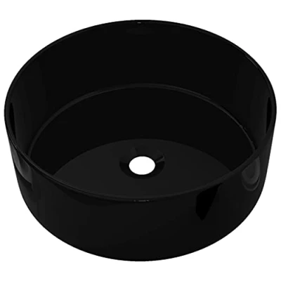 Image of vidaXL Glazed Ceramic Basin Round Washroom Sink Black Finish Alleviated Aesthetics Practical Use Easy to Clean Versatile Decor Compatibility
