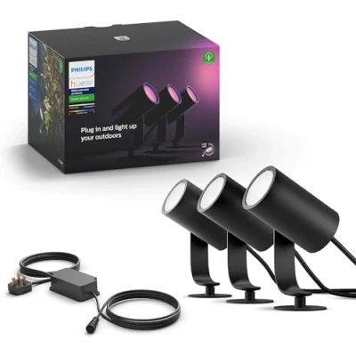 Image of Philips Hue Lily White and Colour Ambiance LED Outdoor Smart Light [Base Kit 3 Lily] , Requires Bridge Works with Alexa, Google Assistant Apple Homekit.