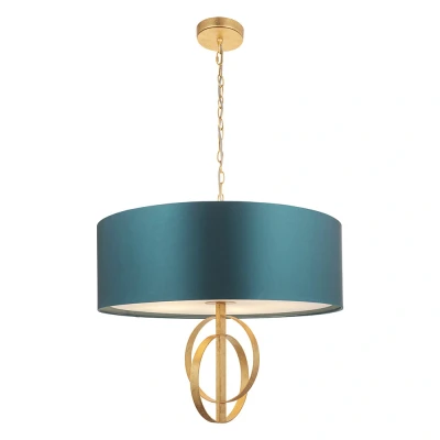 Image of Trento 5 Light Ceiling Pendant Antique Gold Leaf &amp; Teal Satin Fabric