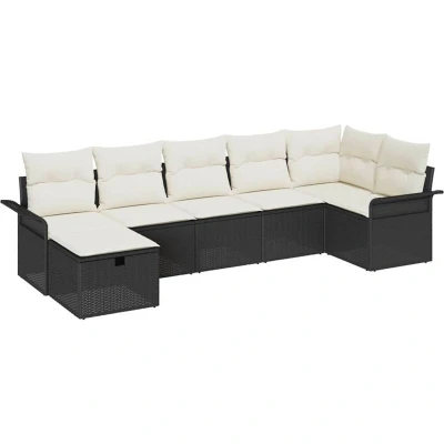 Image of vidaXL 7 Piece Garden Sofa Set with Cushions Black Poly Rattan