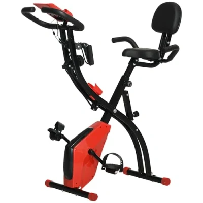 Image of HOMCOM 2 in 1 Folding Exercise Bike, Foldable Stationary Bike with 8 Level Adjustable Magnetic Resistance, Arm Resistance Band, Pulse Sensor and LCD Display, Red