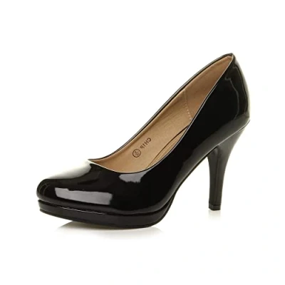 Image of Ajvani Womens Ladies mid high Heel Platform Work Evening Court Shoes Pumps , Black Patent, 4 UK