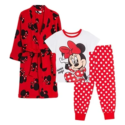 Image of Disney Girls Minnie Mouse Pyjamas + Bath Robe Matching Nightwear Set Pjs Dressing Gown 4 5 Years Red