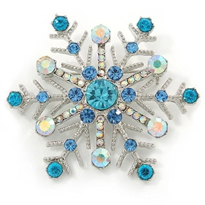 Image of Avalaya Crystal Snowflake Brooch in Rhodium Plating (Light Blue/AB) 52mm Across