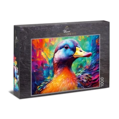 Image of Ulmer Puzzleschmiede 1000 piece duck puzzle ‘Quack’ Colourful portrait of a in front an abstract background bird made Germany