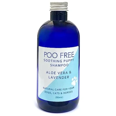 Image of POO FREE Shampoo for Puppies 99% Natural Aloe Vera, Lavender. Sulfate/Parabens Free. Cleans, Soothes, Relieves Itchy Skin. pH Balanced, Concentrated. 250ml
