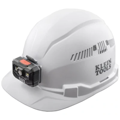Image of Klein Tools 60113RL Hard Hat, Rechargeable Headlamp, Vented, Cap Style, Padded Self Wicking Odor Resistant Sweatband, White