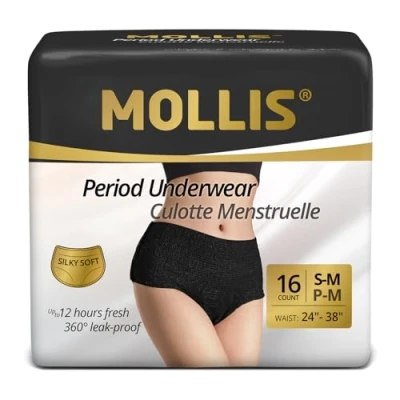 Image of MOLLIS Disposable Period Pants for Women, Postpartum Underwear, Maternity Knickers Heavy Flow Leak Proof, Black, Small/Medium, 16 Count